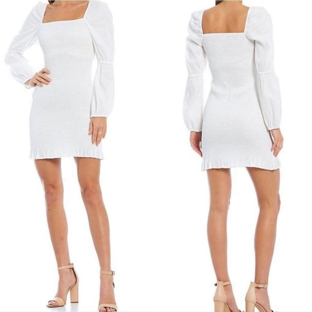 Gianni Bini Tally Smocked Linen Blend White Puff Long Sleeve Dress Large NEW - Picture 16 of 16